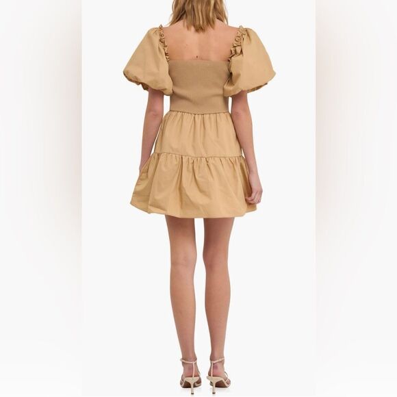 Endless Rose Mixed Media Puff Sleeve Tiered Mini Dress Tan S NWT - Picture 4 of 13